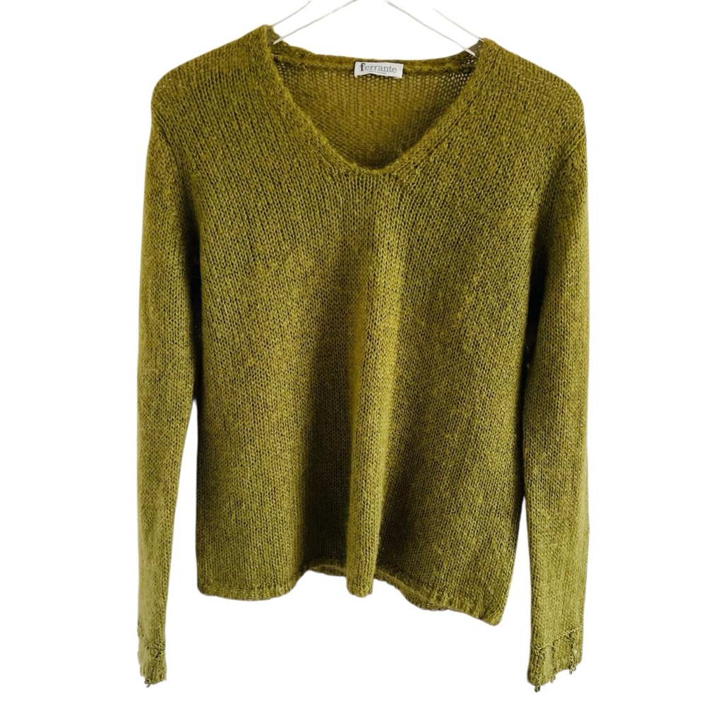 Vintage Terrance Italy  Mohair Olive V-Neck Long Sleeve Sweater